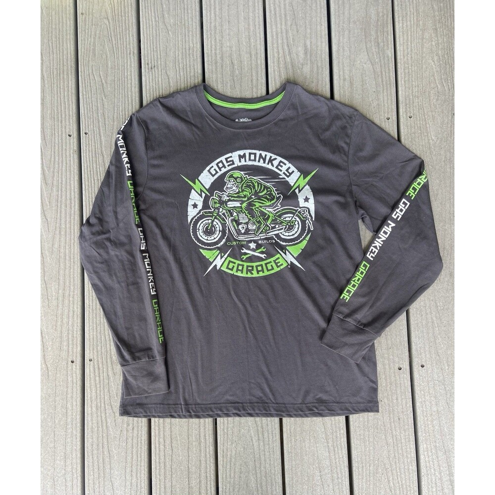 Gas Monkey Garage Long Sleeve T Shirt Mens Large Gray Green Motorcycle Biker